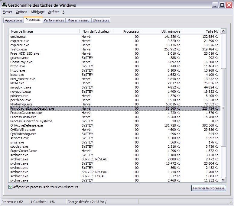 Task Manager screen capture.<br />PrimoCacheBackupDetect runs since a few hours.